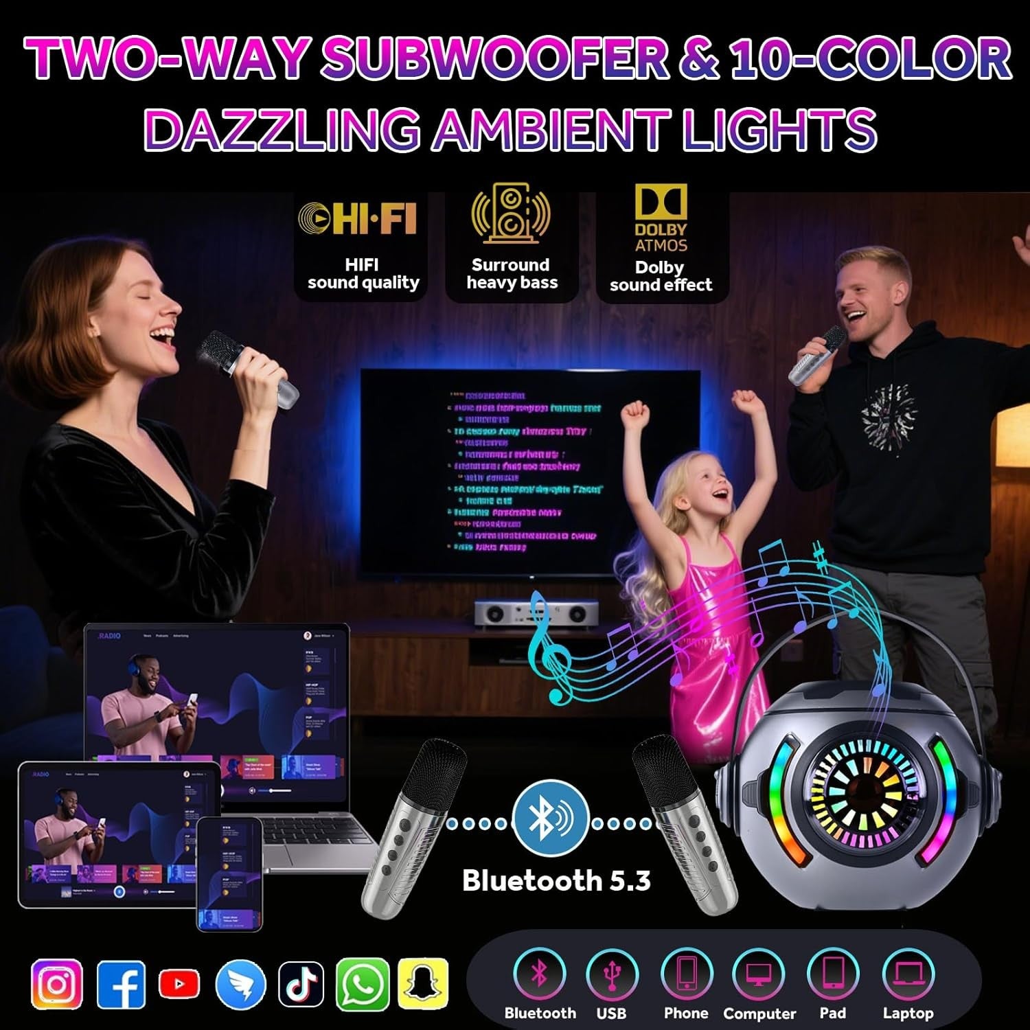 Black Kids Karaoke Machine with 2 Wireless Mics LED Bluetooth