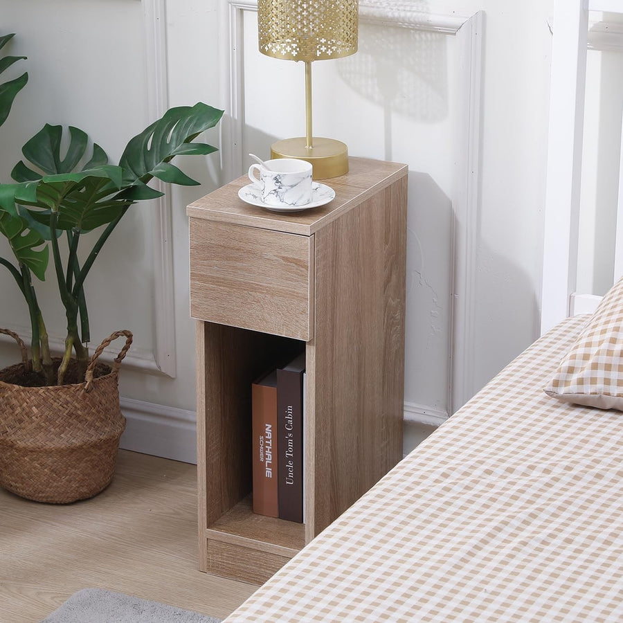 Slim Walnut Bedside Table with Storage Shelf, Narrow Side Cabinet for Small Spac