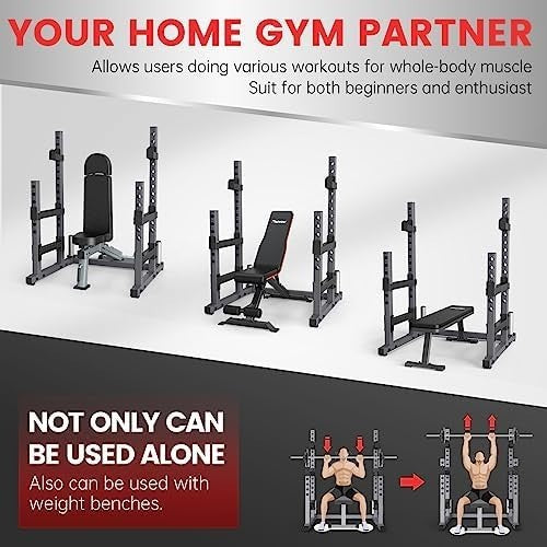 Adjustable Squat Rack Black Heavy-Duty with J-Hooks & Plate Storage
