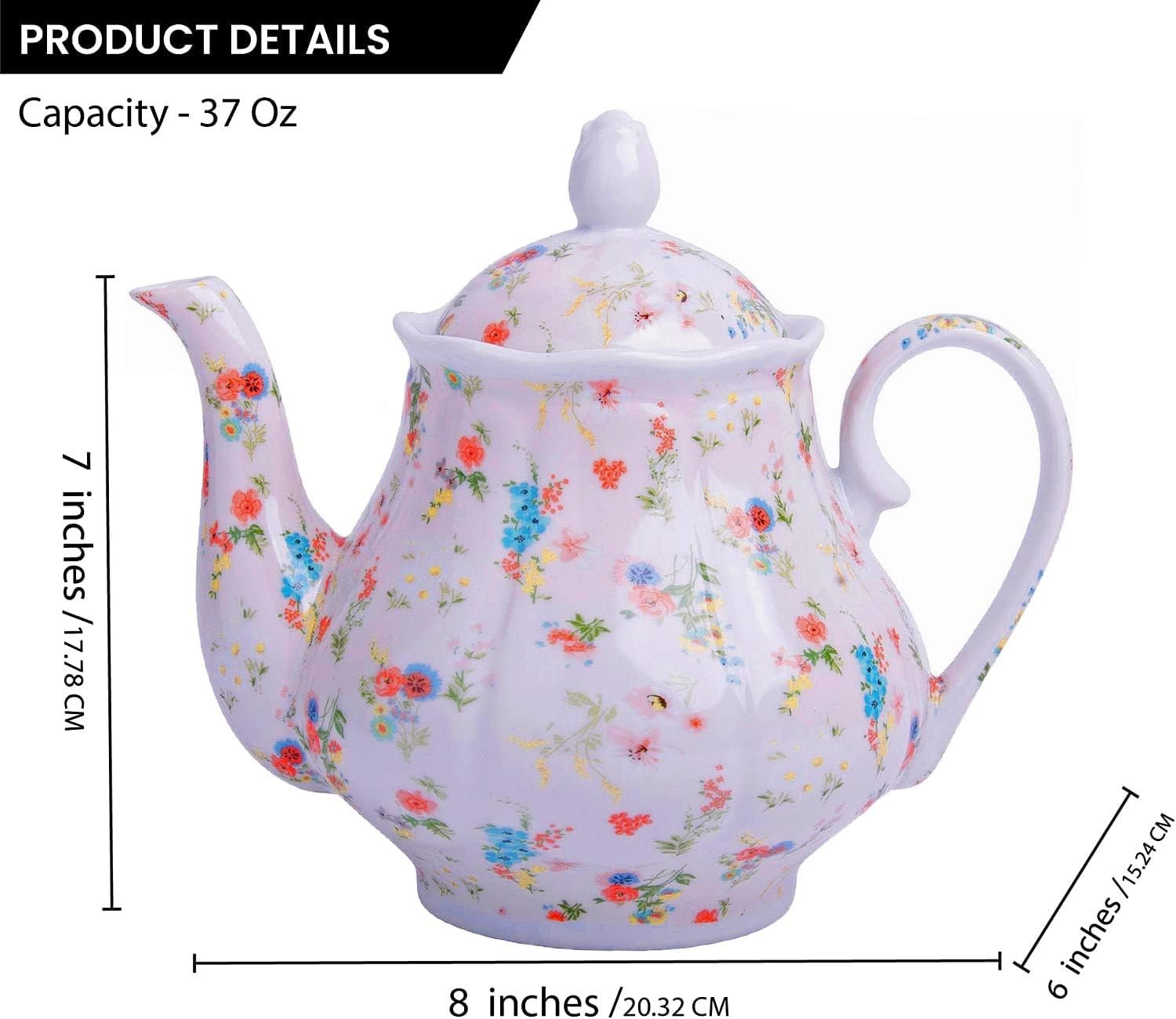 Vintage Porcelain Teapot 37oz Floral Tea Pot European Style Camille Rose