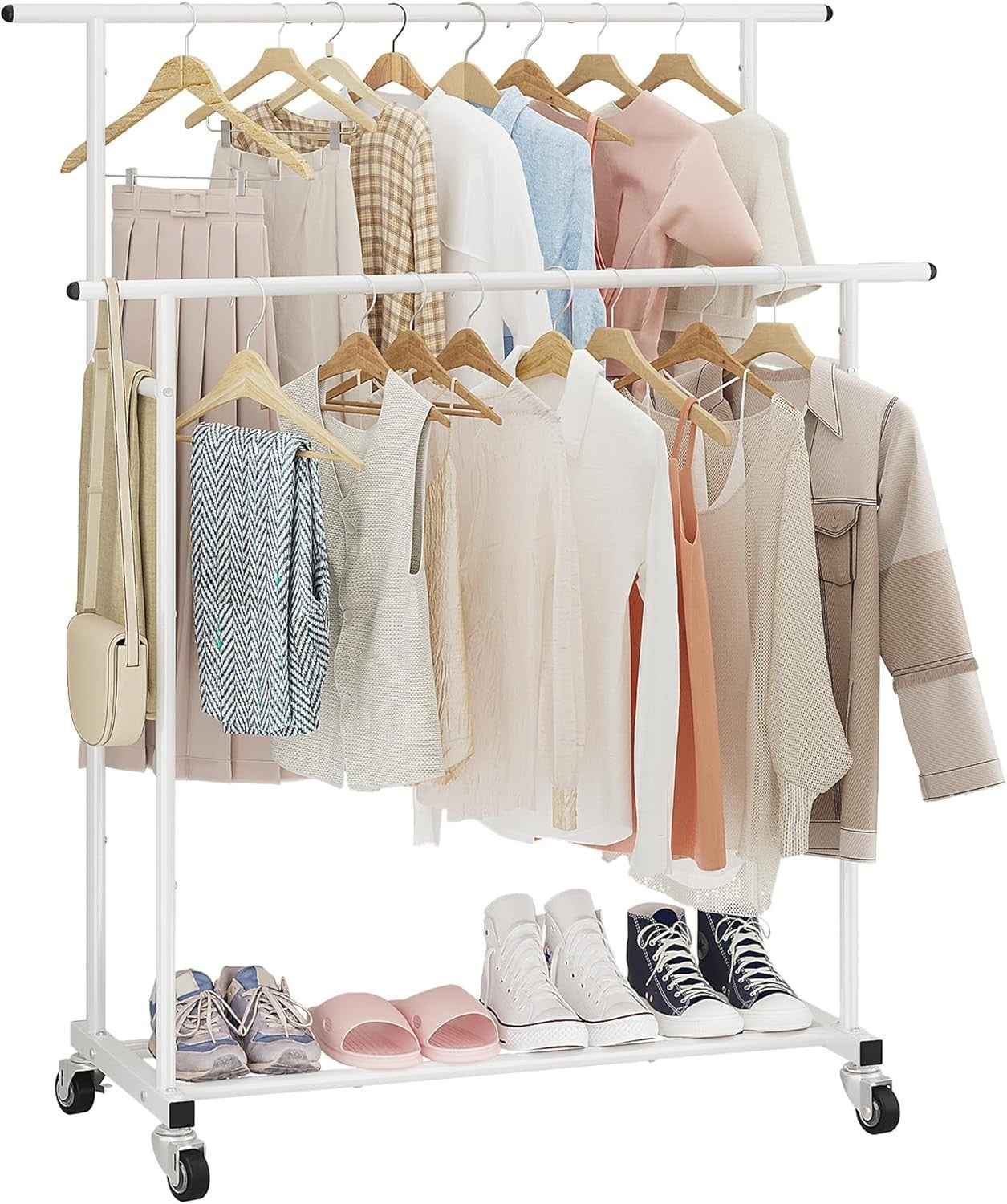 White Double Rod Clothes Rack with Wheels & Storage Shelf