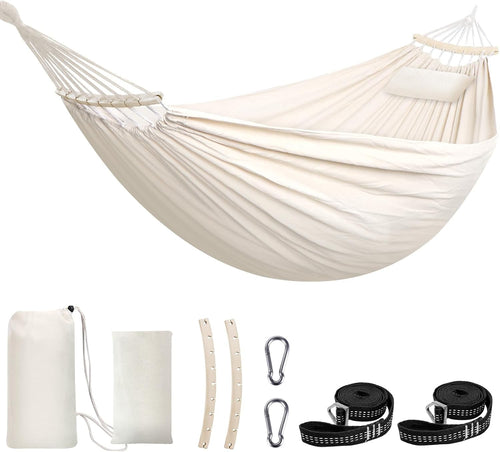 Luxury Cotton Hammock with Pillow & Spreader Bar 300kg Outdoor Garden Patio