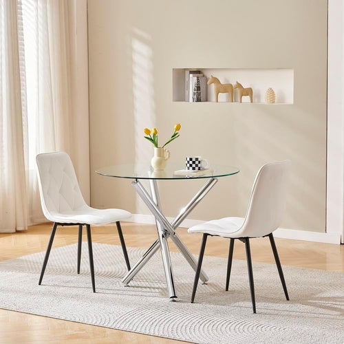 Round Glass Dining Table Set 2 White Velvet Chairs Compact Modern Kitchen