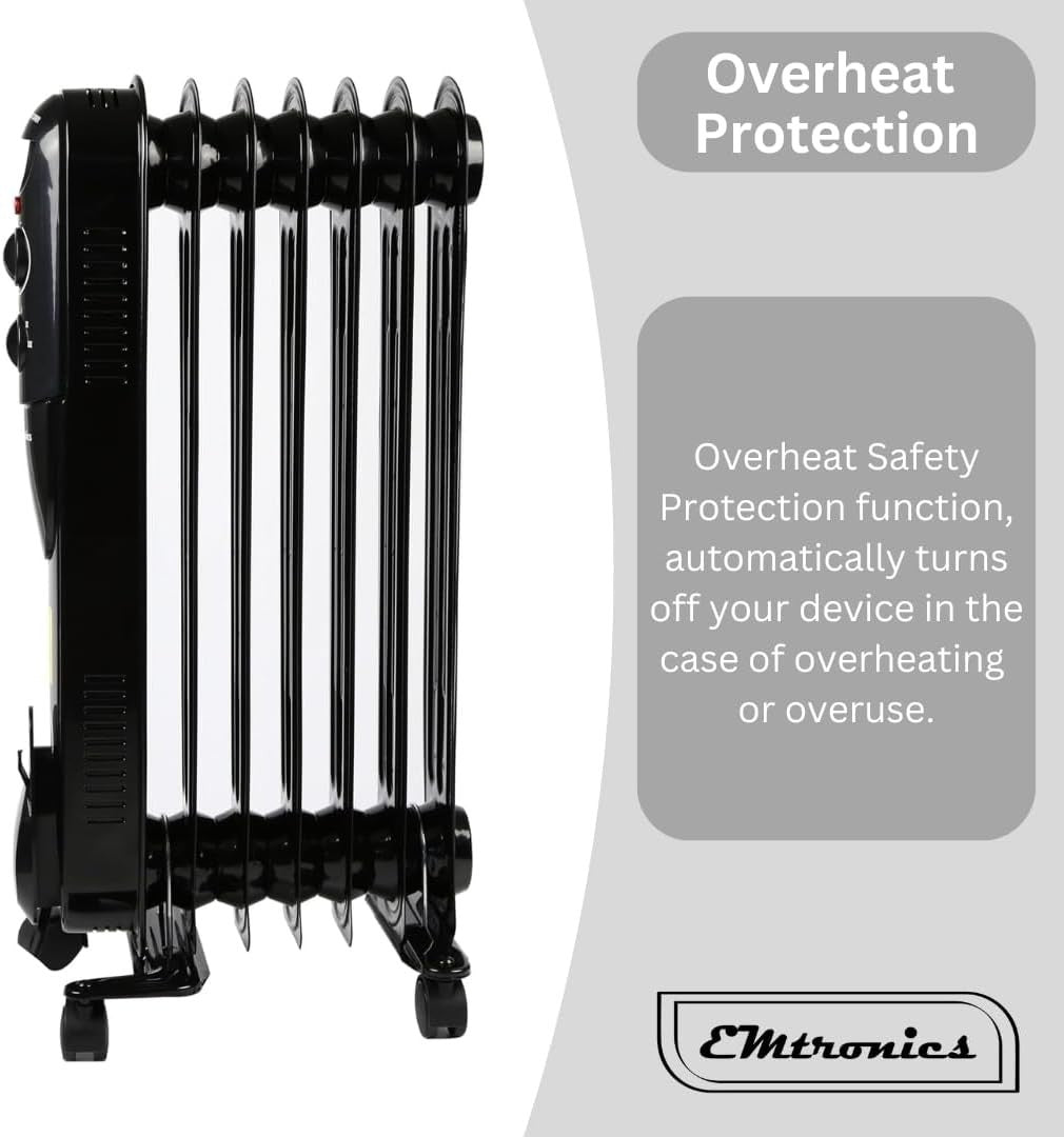 1500W Portable Oil Heater Radiator | 7 Fin Adjustable Thermostat, 3 Heat
