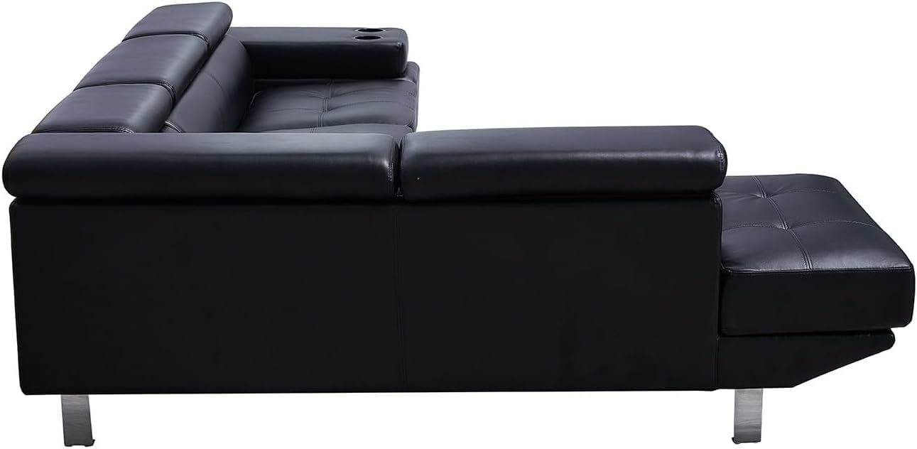 Black Bonded Leather Corner Sofa | Adjustable Headrests + Cup Holder