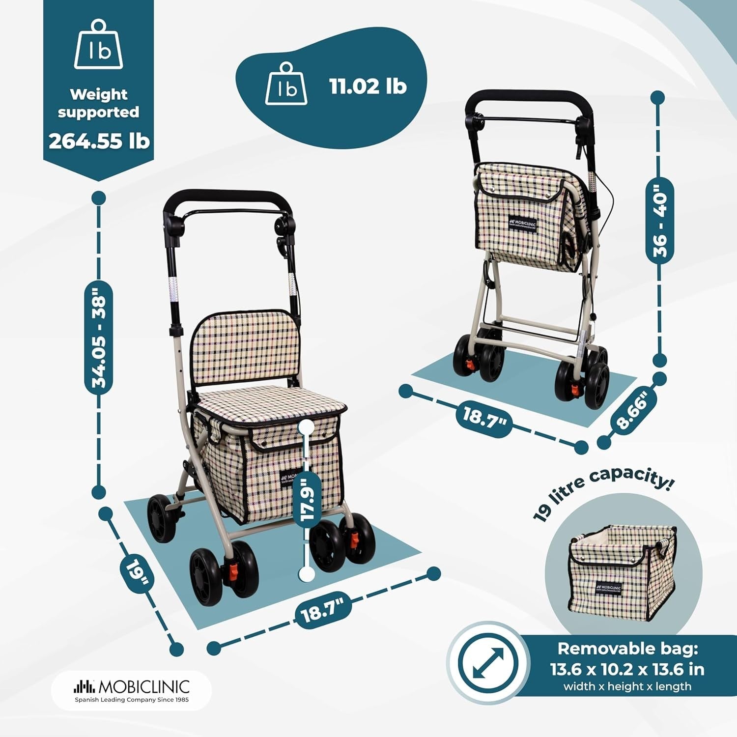Foldable Adult Shopping Trolley Walker with Seat & Backrest – 21L Rollator