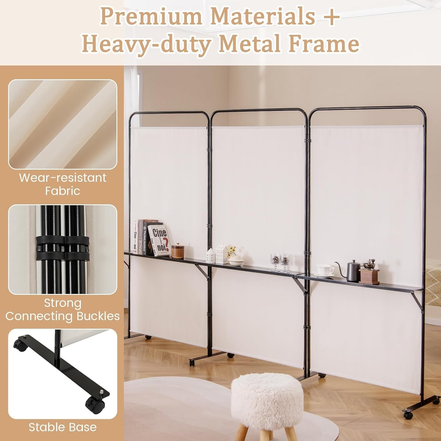 3 Panel White Folding Room Divider with Shelves & Wheels Privacy Screen 188cm