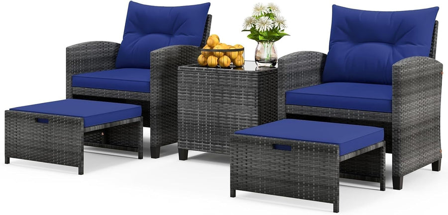 5 Piece Rattan Garden Furniture Set Navy Cushions Patio Sofa Chairs