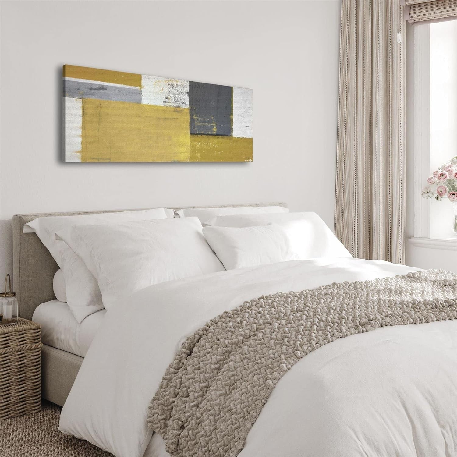 Mustard Yellow Grey Abstract Canvas Wall Art 97x40cm