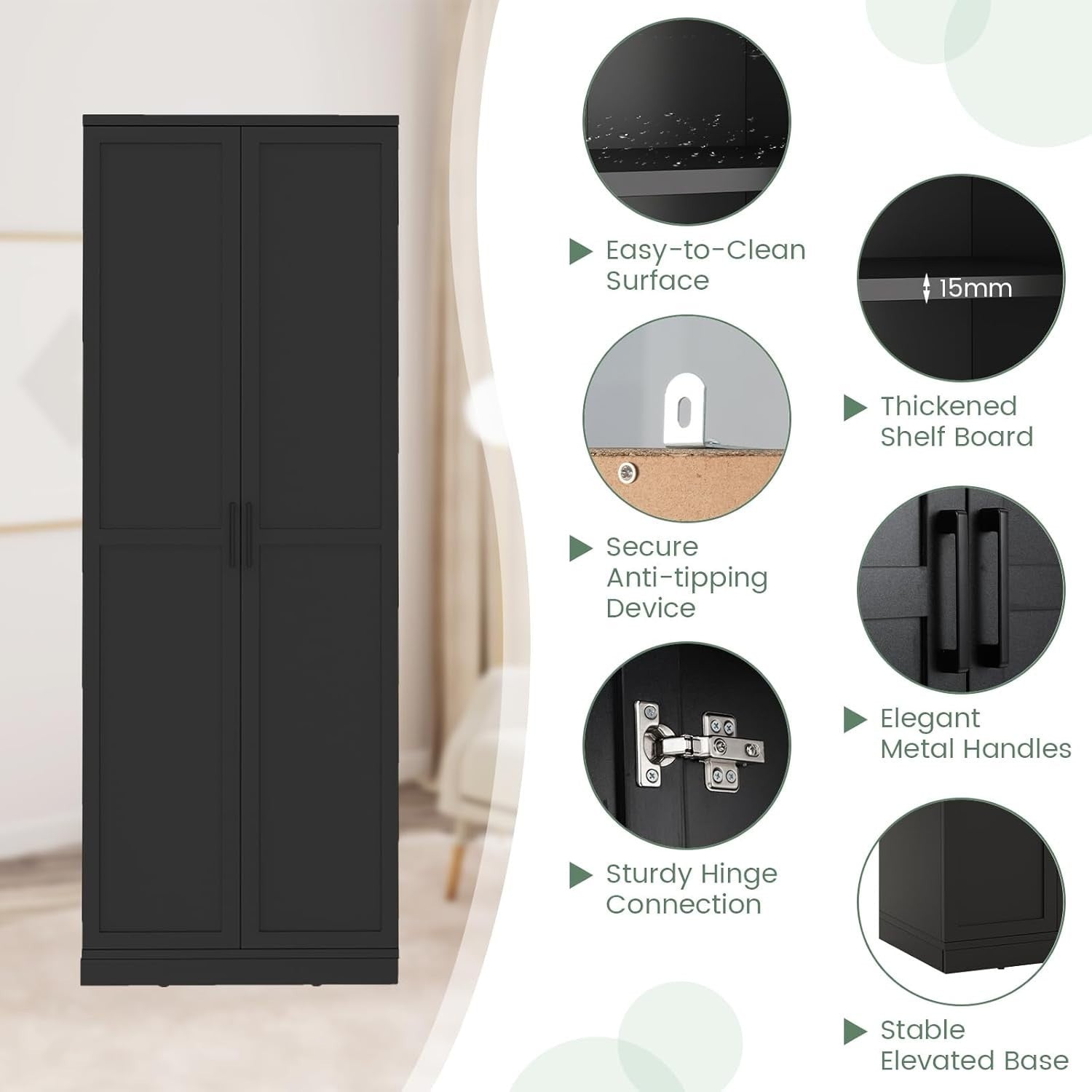 Tall Kitchen Cupboard 5-Tier Storage Cabinet 2 Doors Black