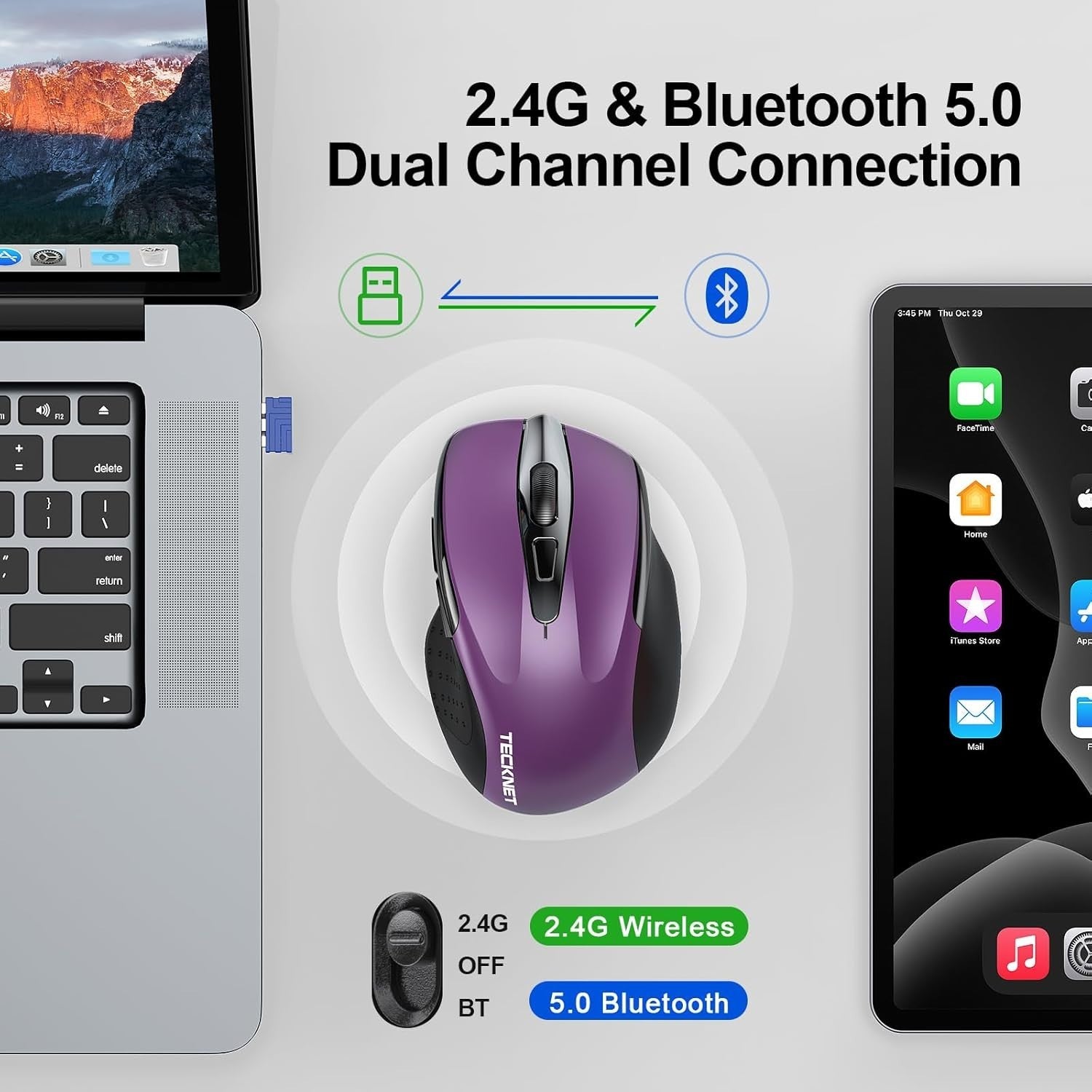 Silent Tri Mode Wireless Mouse 4800DPI Rechargeable Ergonomic Bluetooth Purple