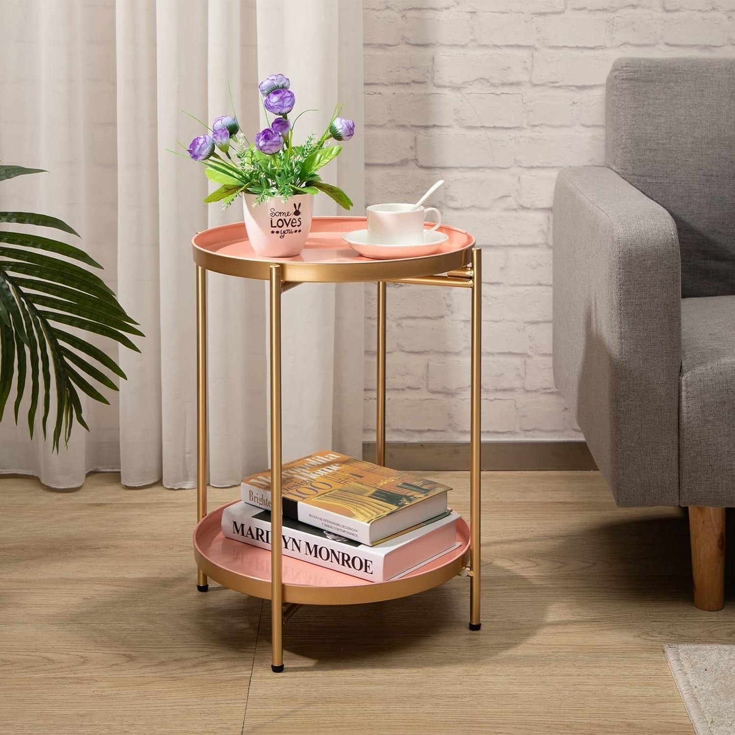 Small Round Metal Side Table 2-Tier Coffee Table Removable Tray Green