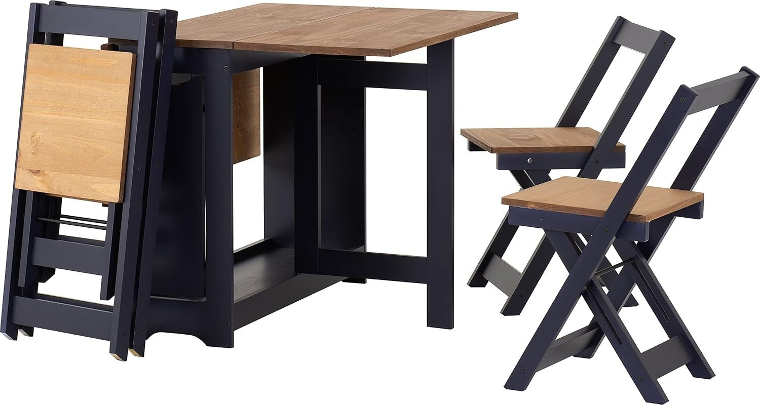 Navy Blue Folding Dining Set for Small Spaces | Waxed Pine Table + 4 Chairs