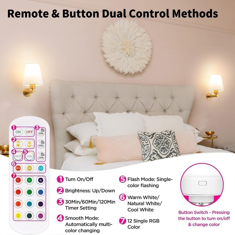 Rechargeable Wireless Wall Sconces Set of 2 with Remote, 15 Color LED Light