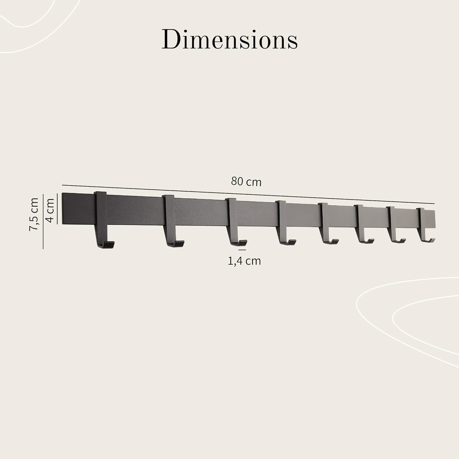 Modern Wall Coat Rack 80cm | Black Metal Rail with 8 Sliding Hooks Matte