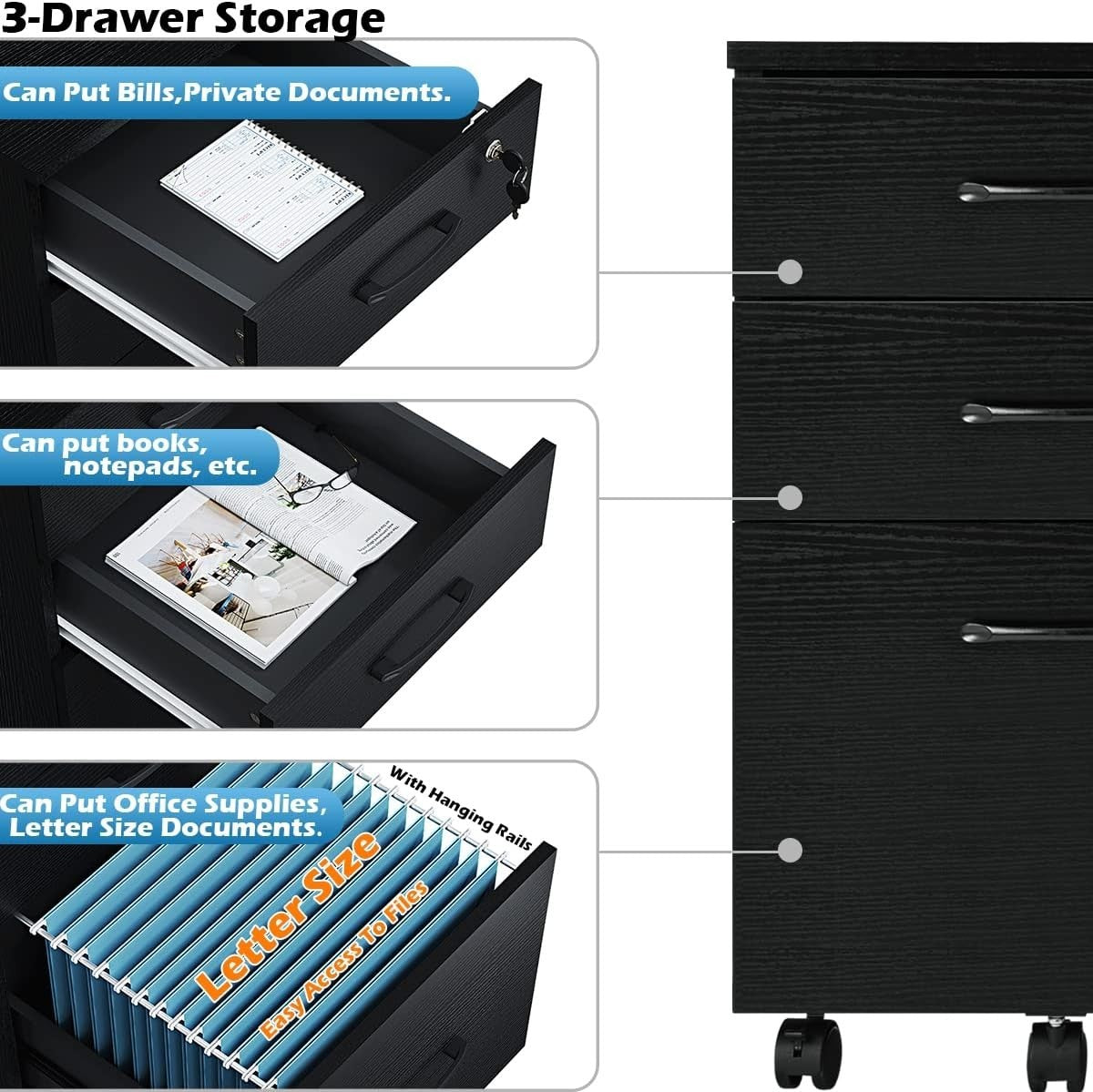 Black Rolling File Cabinet 3 Drawer Locking Under Desk Letter Storage