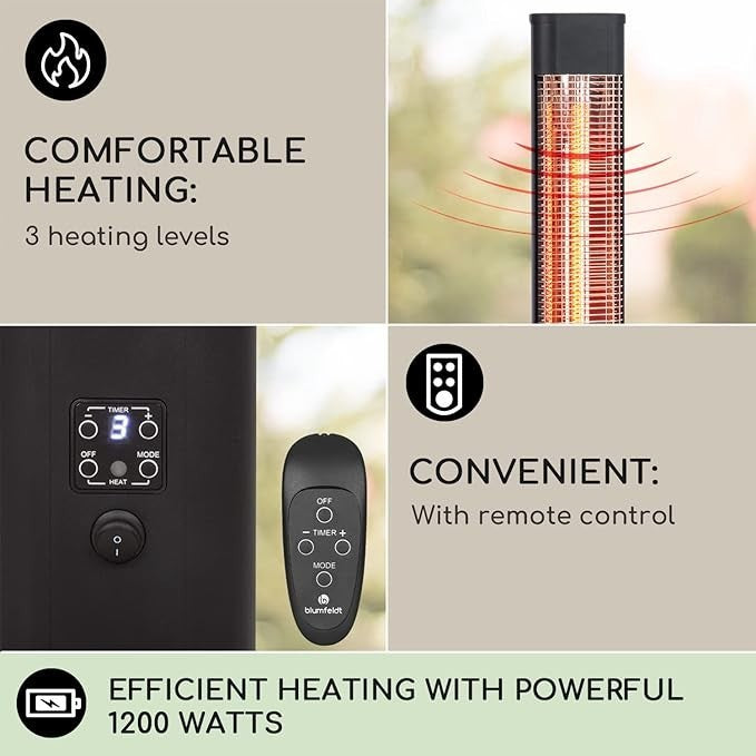 1200W Infrared Radiant Heater Tower Remote Control, Timer, Outdoor Safe