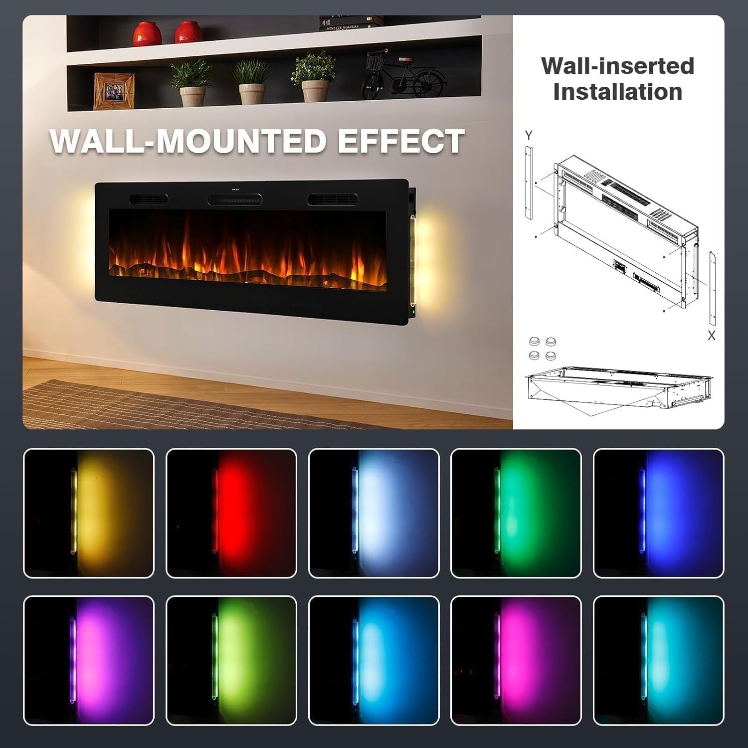 152cm Wall Mounted Electric Fireplace LED Flame Heater Crystal Log