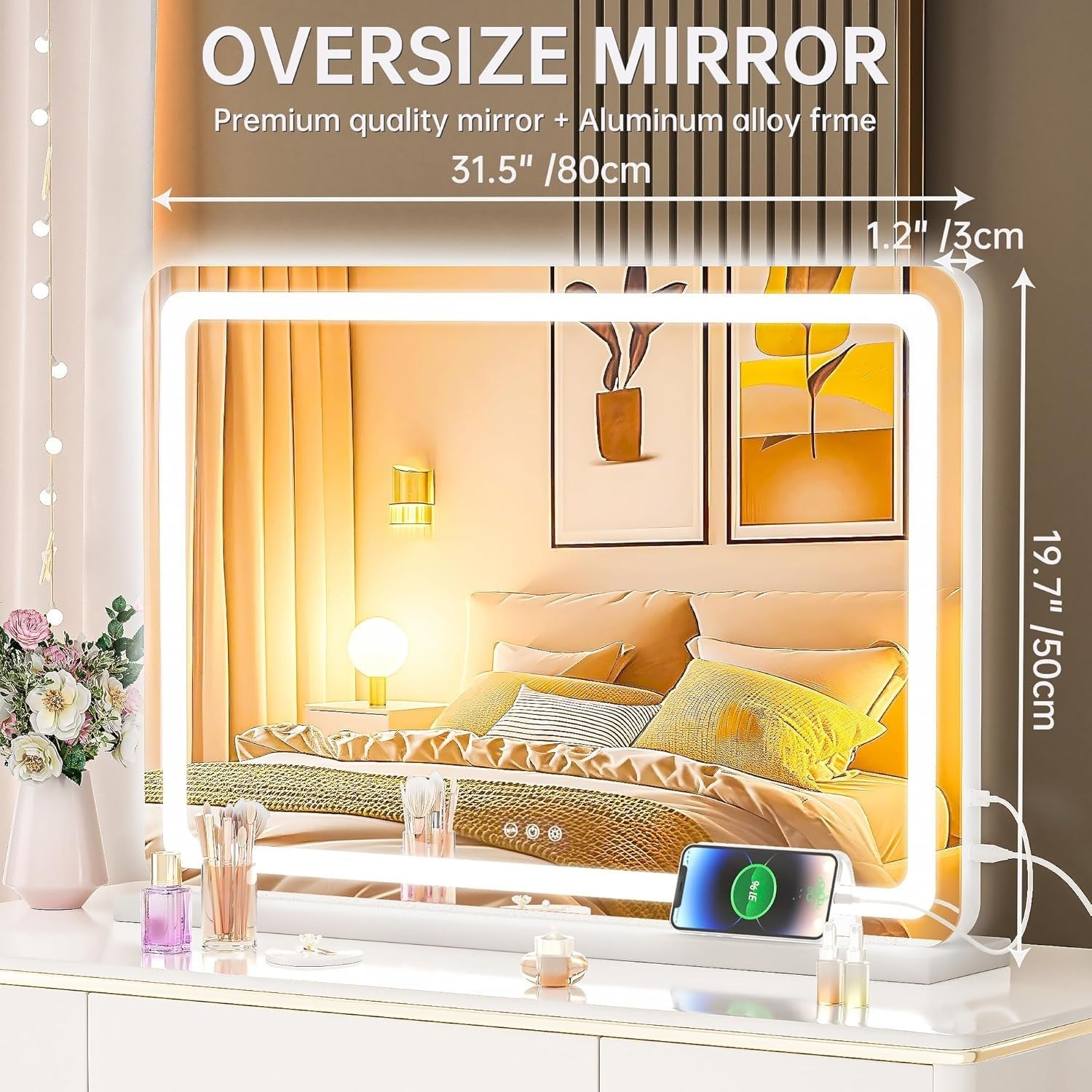 LED Vanity Mirror 80x50cm Touch Control Dimmable Makeup Mirror with Lights