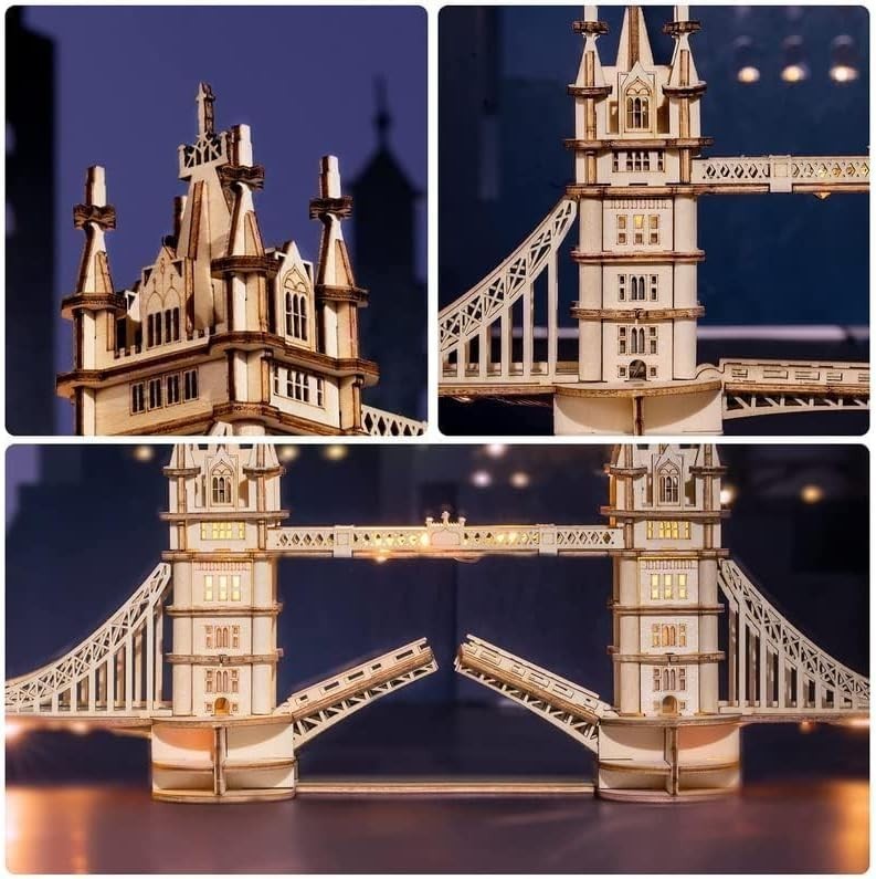 3D Wooden Tower Bridge Model Kit LED Light DIY Puzzle Gift for Adults