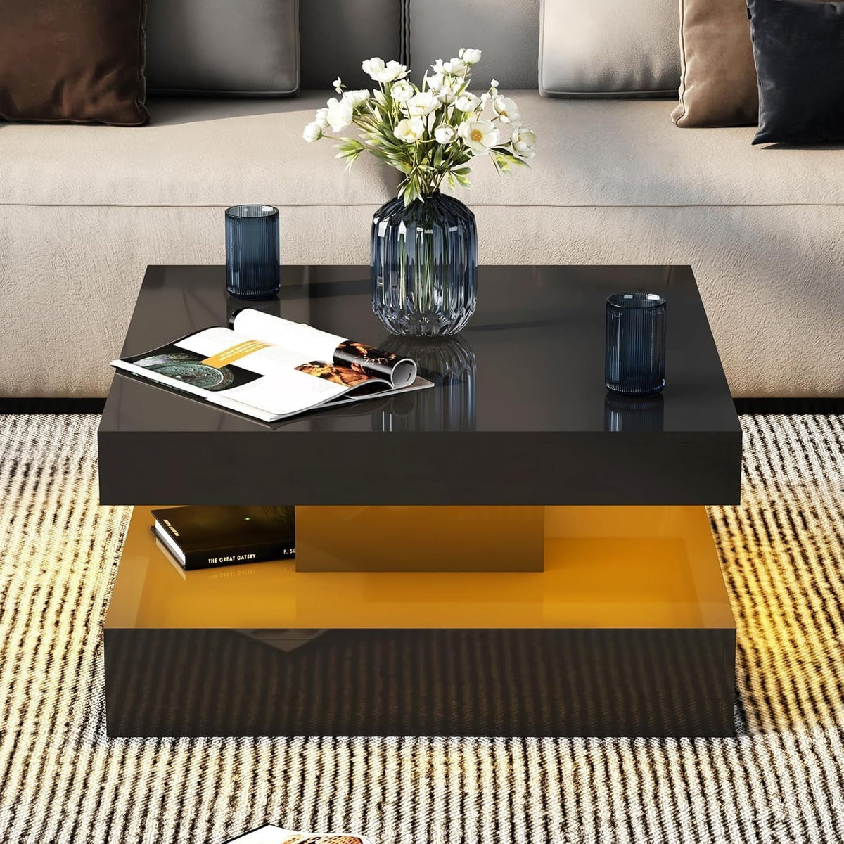 Black Glossy LED Coffee Table with Storage, 2-Tier Square 78x78cm
