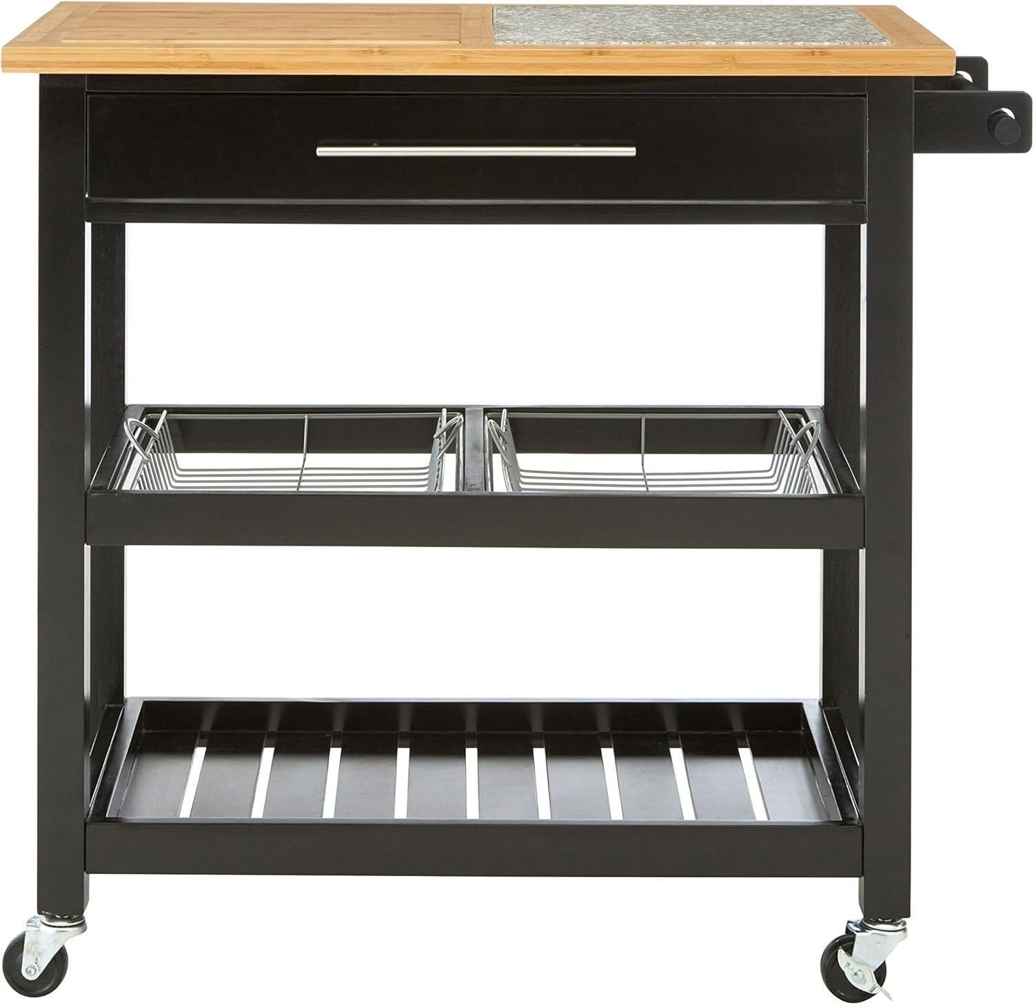 Black Pine Wood Kitchen Trolley Granite Top 90cm Storage Cart