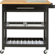 Black Pine Wood Kitchen Trolley Granite Top 90cm Storage Cart