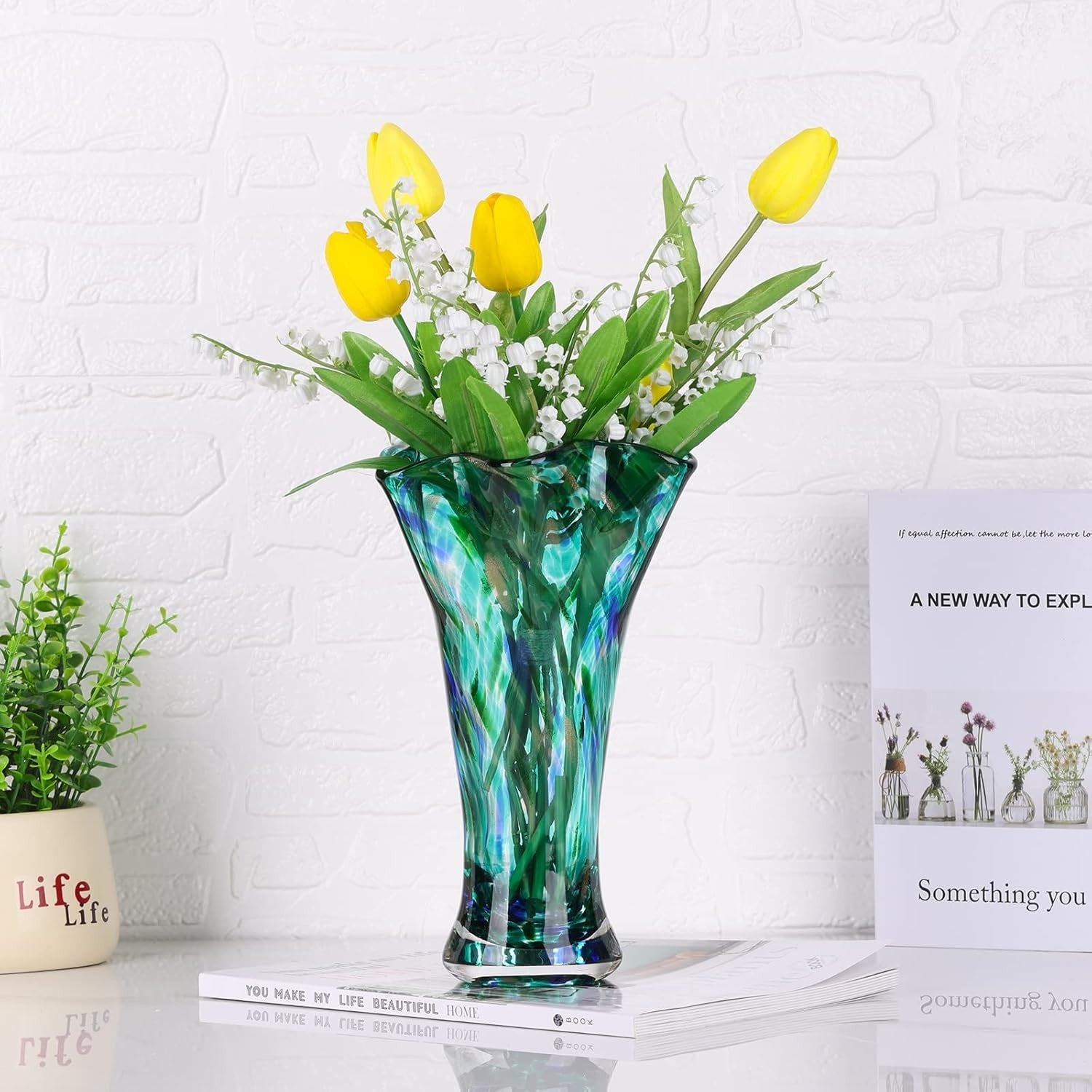 Teal Hand Blown Glass Vase Wide Mouth Flower Centerpiece Home Décor