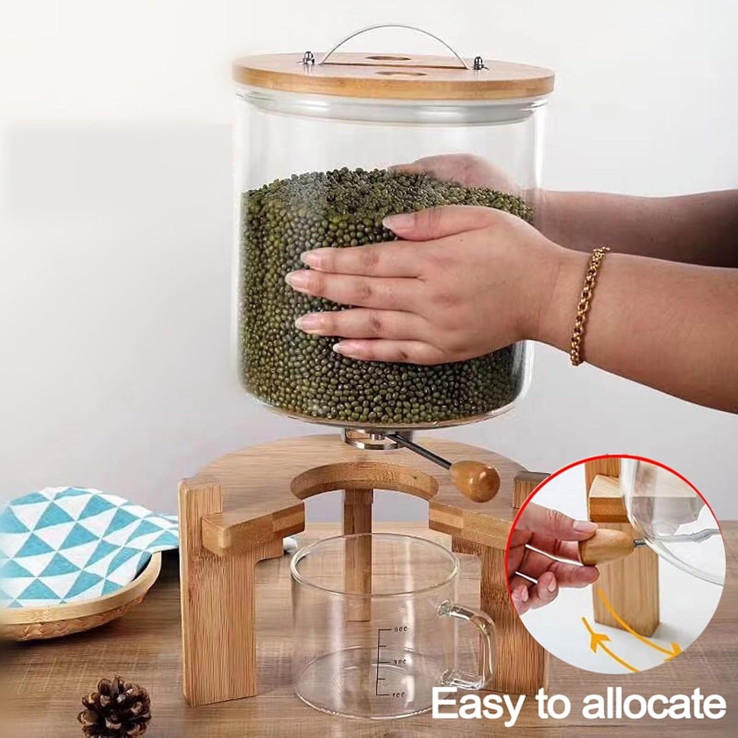 5L Glass Rice Dispenser Airtight Bamboo Stand w Cup