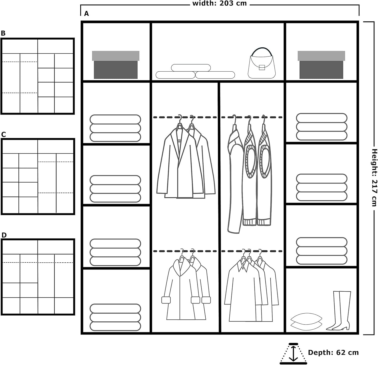 Oak Sliding Wardrobe Mirror Doors 203cm Hanging Rails Storage Modern