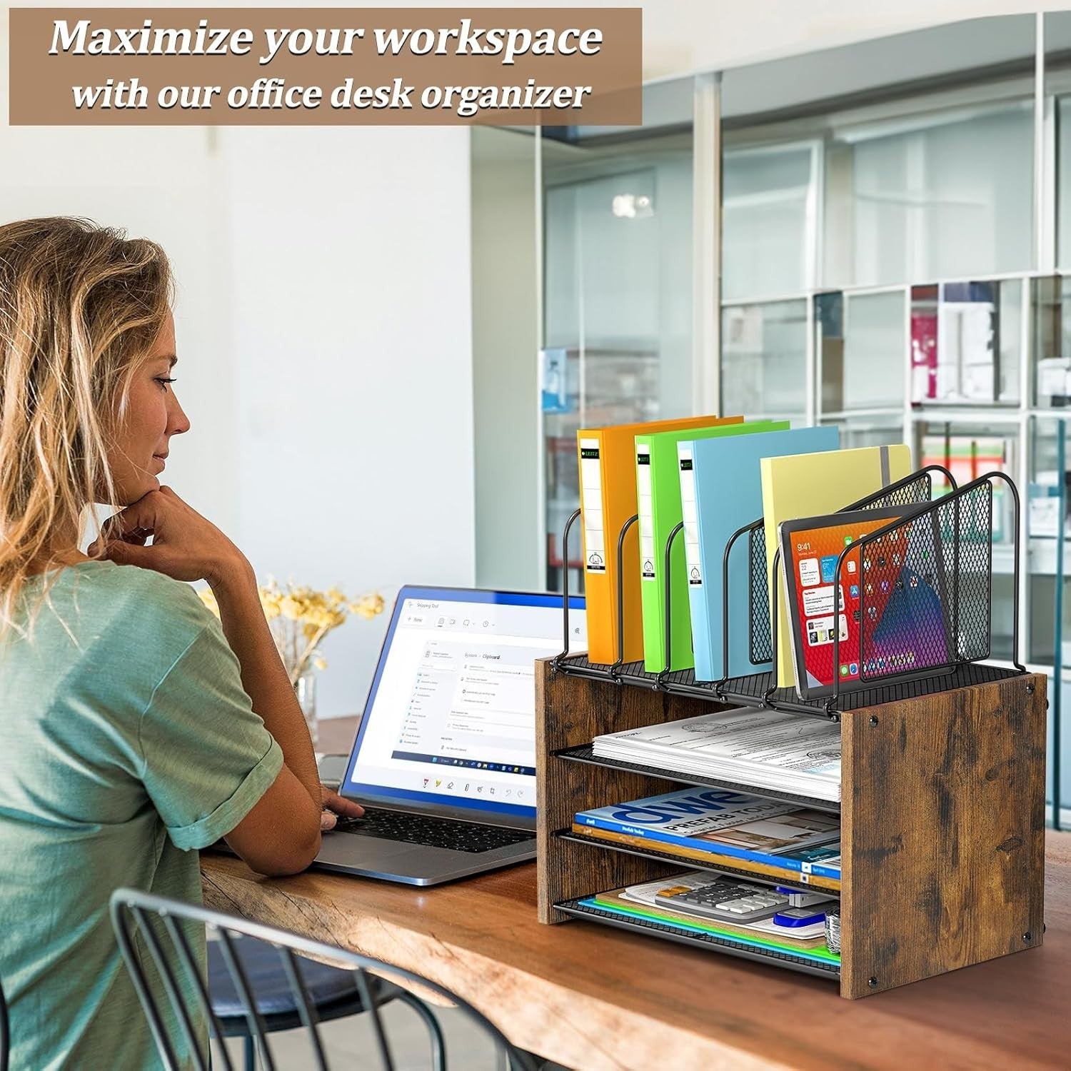 4 Tier Desk Organizer File Holder Letter Tray Wooden Office Desktop Storage