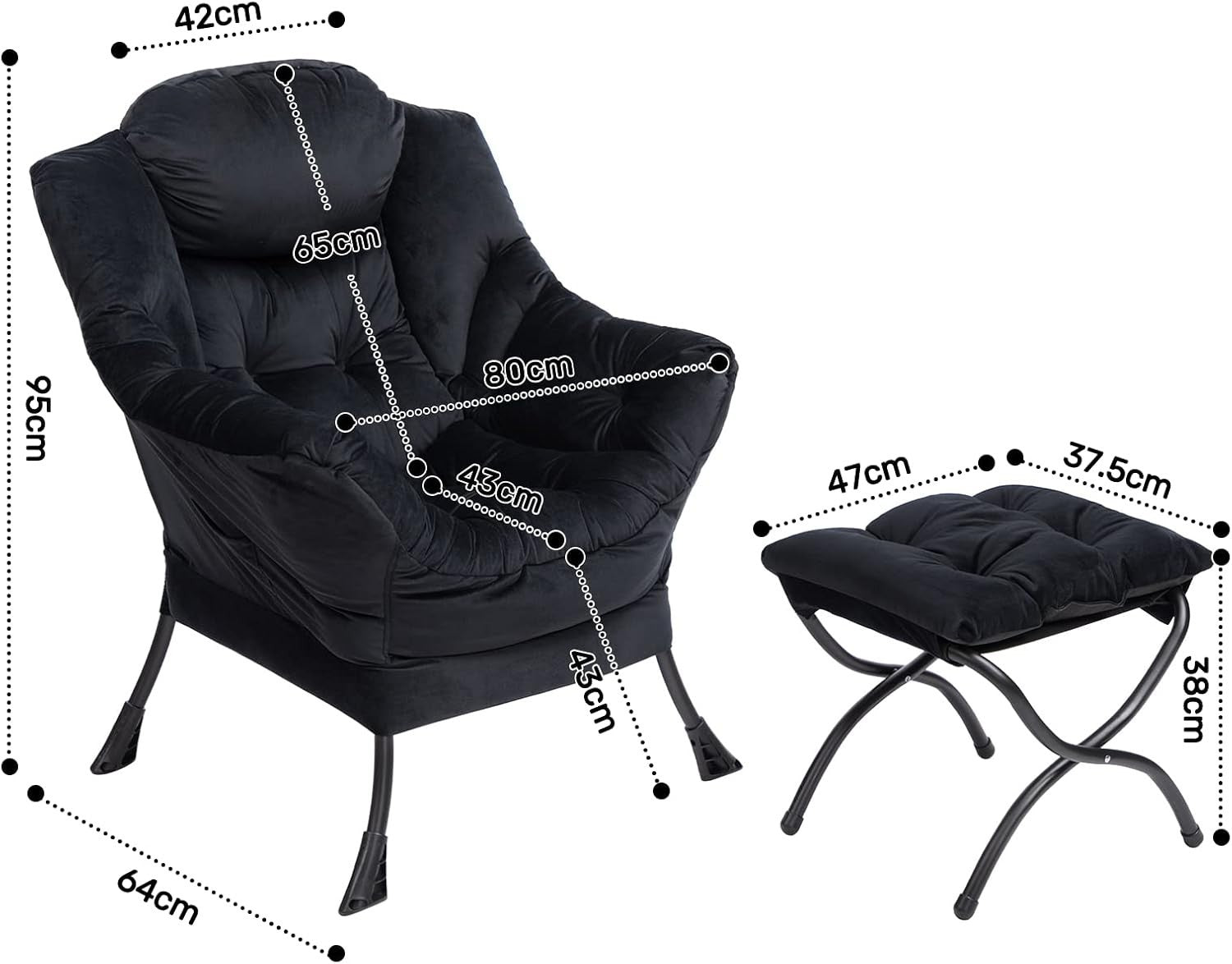 Plush Velvet Armchair with Footstool Living Room Bedroom Lounge Chair Black