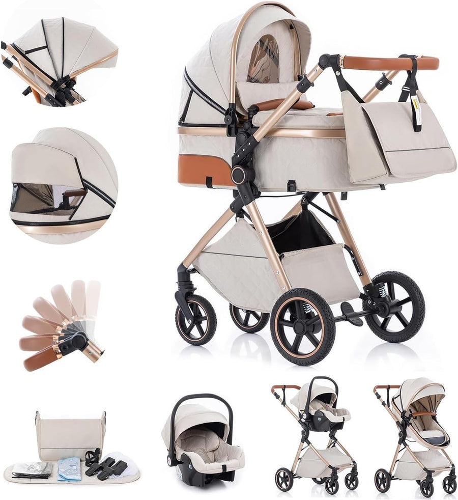 3 in 1 Baby Pram Travel System Pushchair Adjustable Handle Raincover