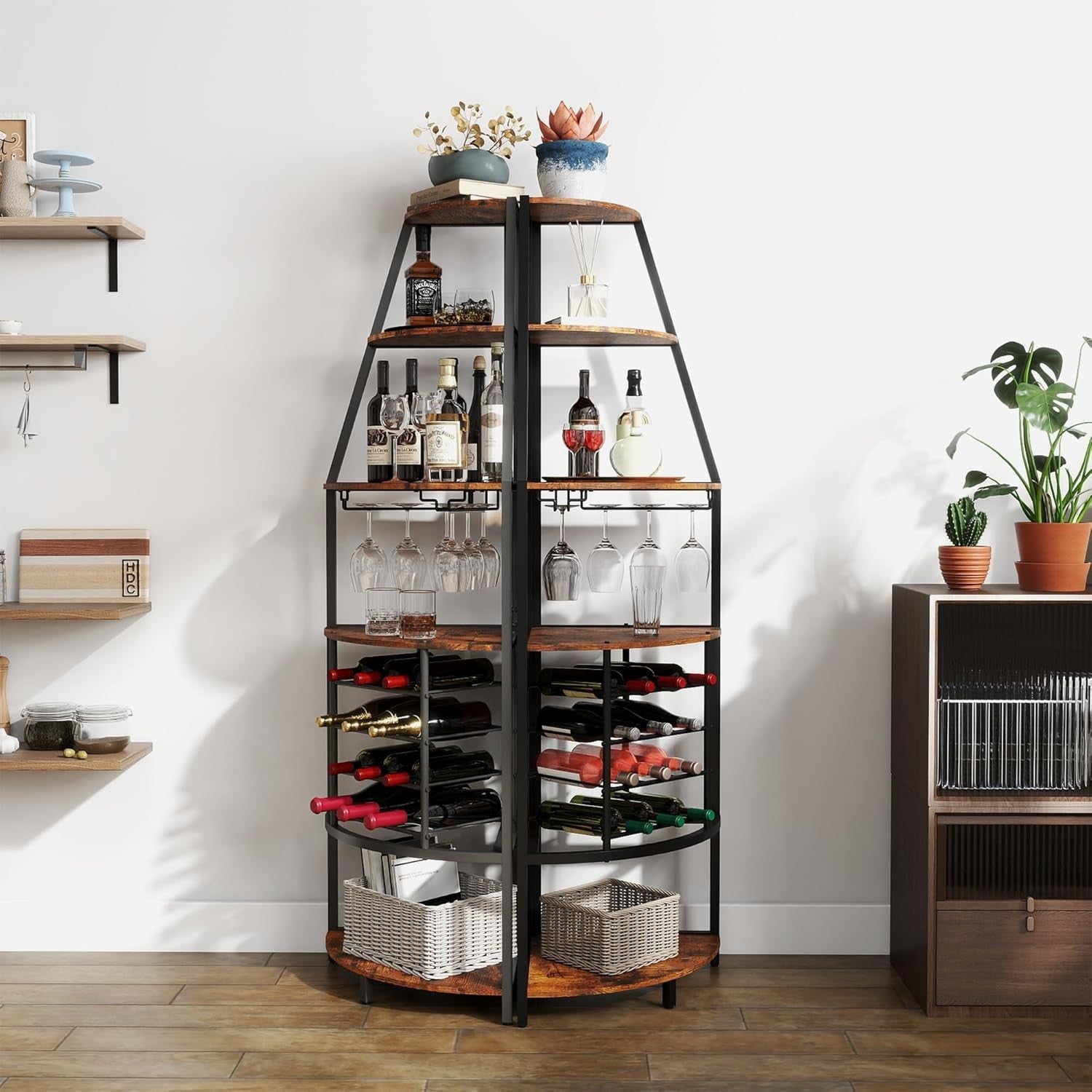 5-Tier Corner Wine Rack with Glass Holders & Bottle Storage, Space-Saving Bar