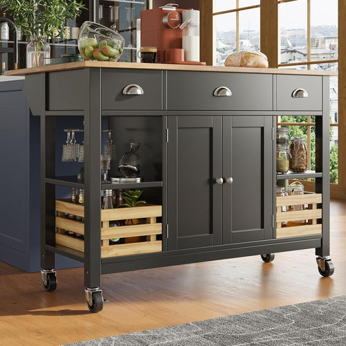Kitchen Island Trolley with Cabinet, 3 Drawers & Spice Rack, 45x120x90cm