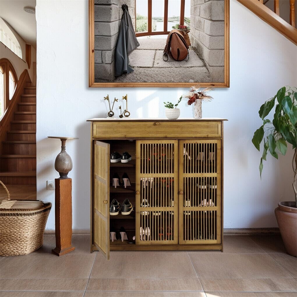 Large 4-Tier Bamboo Shoe Cabinet with Drawer & Lockable Slatted Doors, 16-18 Pai