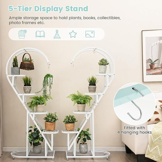 5 Tier Heart Shaped Metal Plant Stand Indoor Outdoor Flower Shelf Display Rack