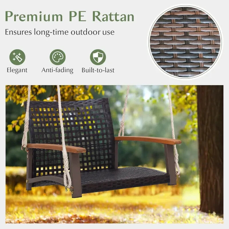 Rattan Porch Swing 2-Seater Acacia Armrests Outdoor Hanging Chair 180 kg