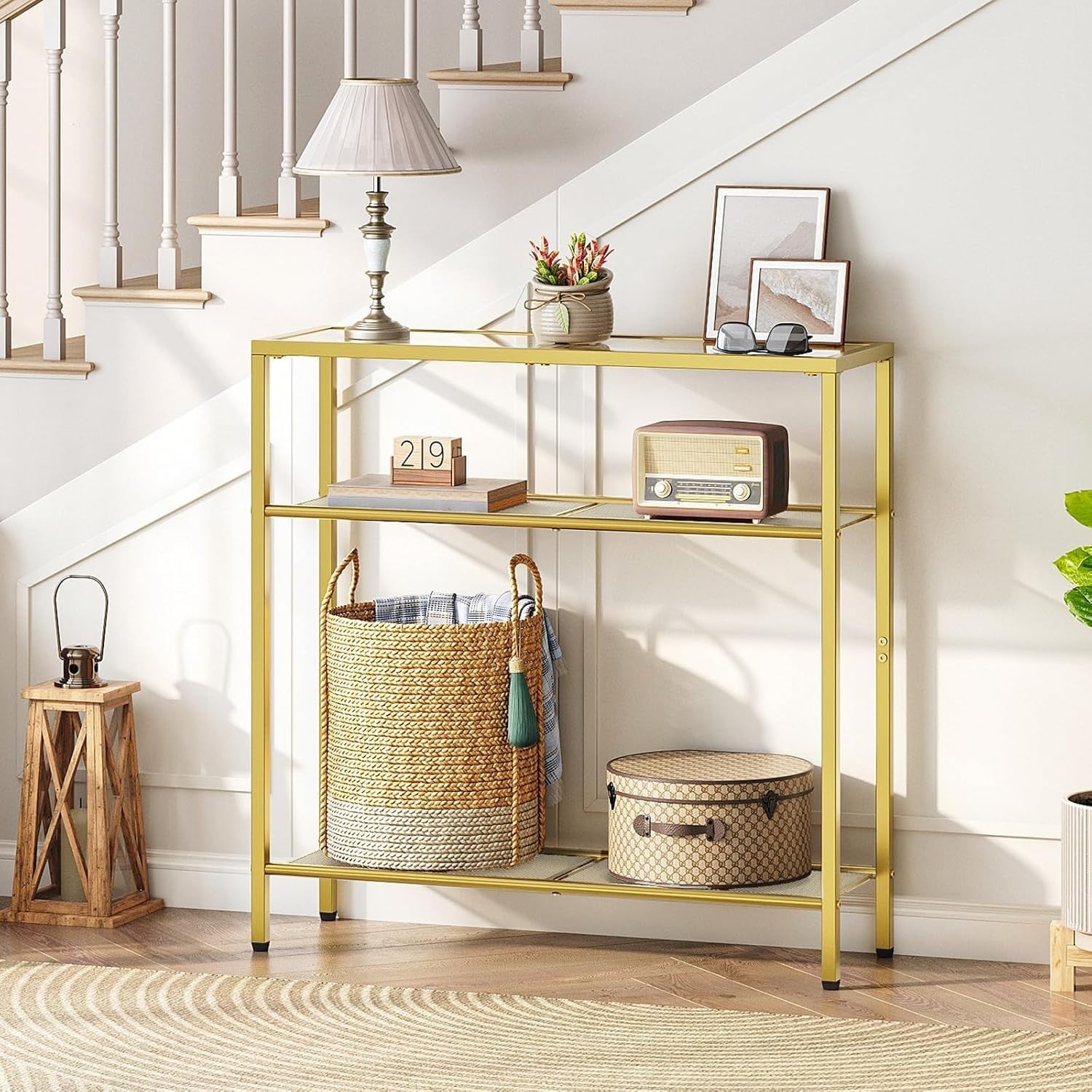 3-Tier Gold Console Table Tempered Glass Shelf Narrow Side Storage