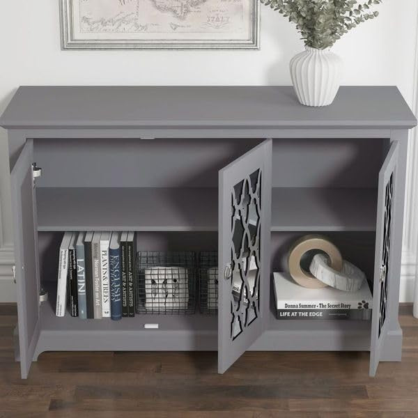 3-Door Cool Grey Sideboard Cabinet Adjustable Shelves Storage Cupboard Modern