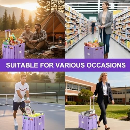 Folding Utility Cart Rolling Crate Trolley Lid Basket 360° Wheels Purple