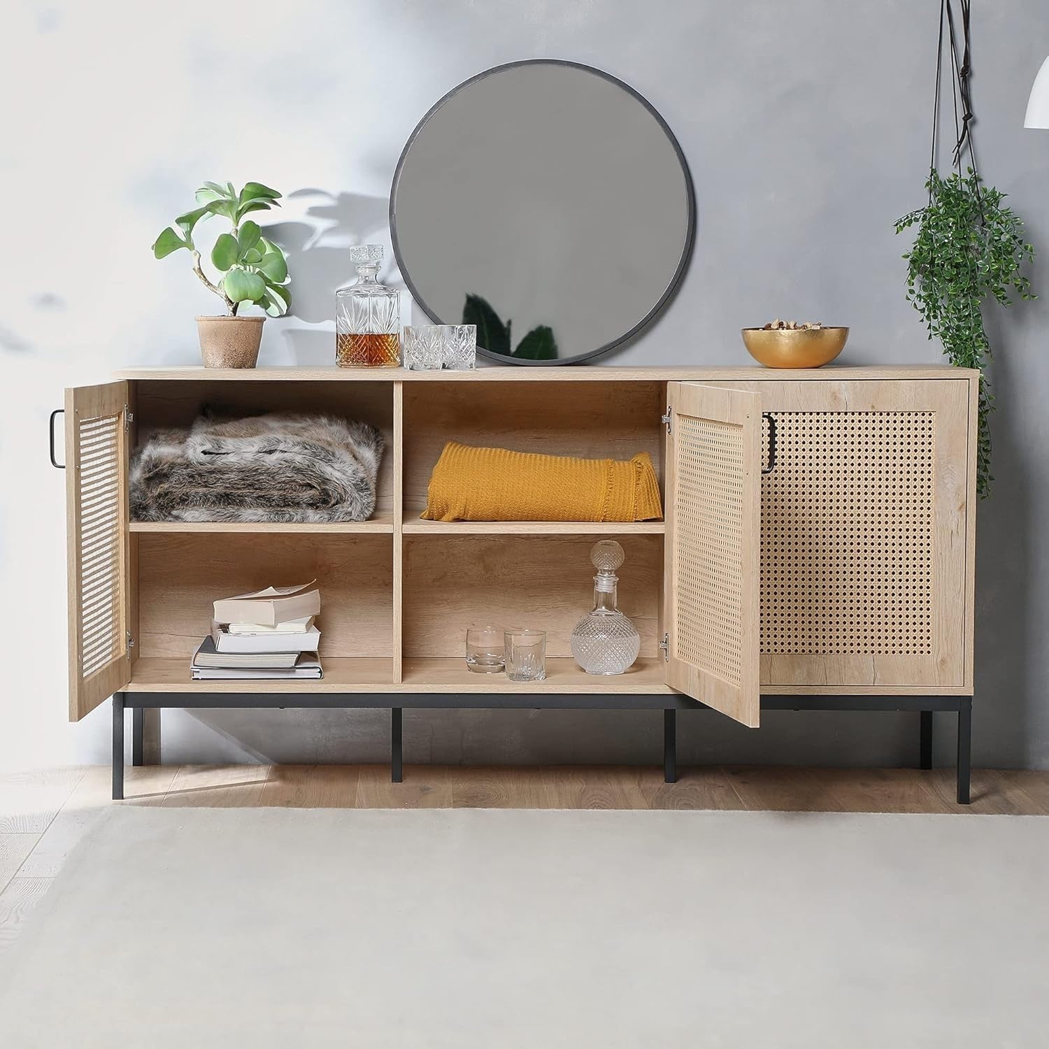 Scandi Rattan Sideboard Cabinet 3 Door Storage Unit Light Wood
