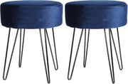 Set of 2 Blue Velvet Footstools Hairpin Legs Modern Round Pouffe Seats