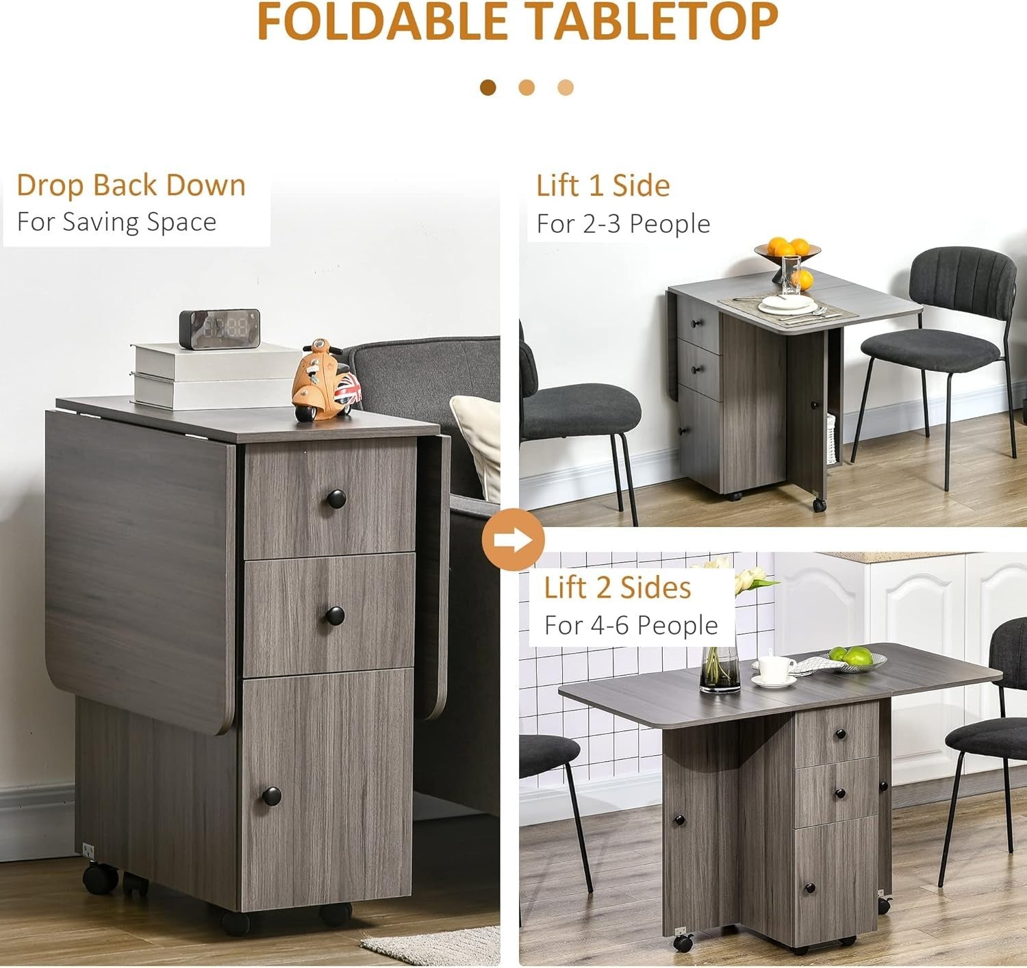 Folding Drop Leaf Dining Table 4-6 Seater on Wheels with Storage Grey