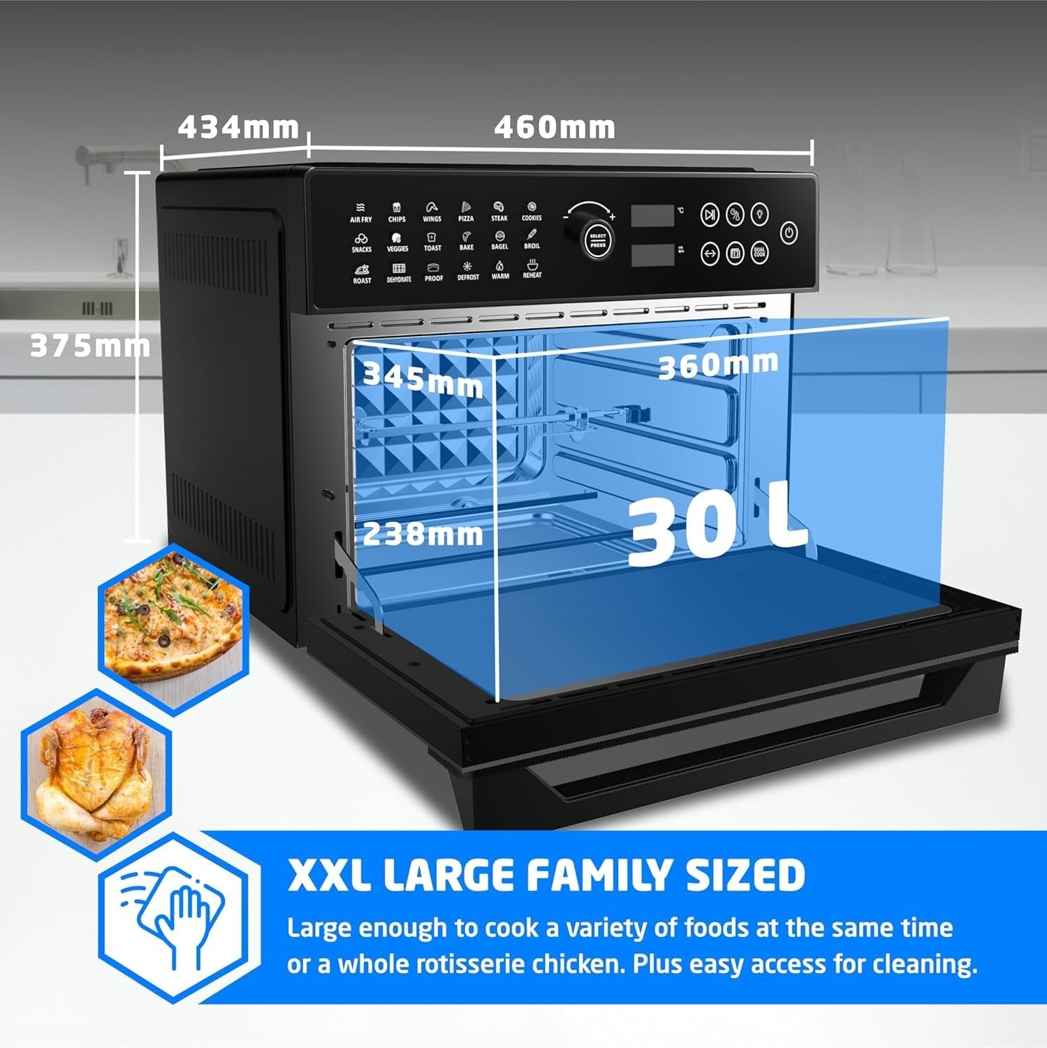 30L Air Fryer Oven Rotisserie 20-in-1 1800W 30-230C Touch Dial Low Oil