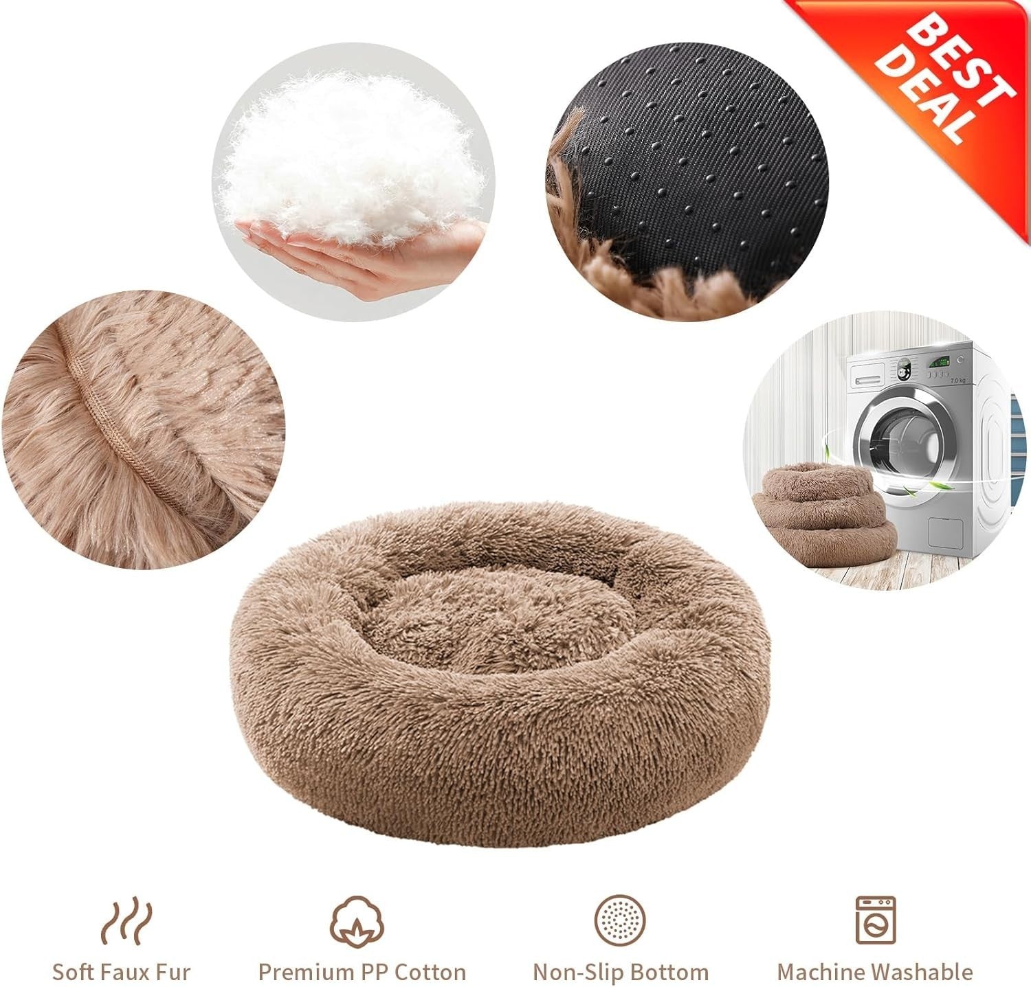 Donut Calming Dog Bed Washable Plush Non Slip Anti Anxiety