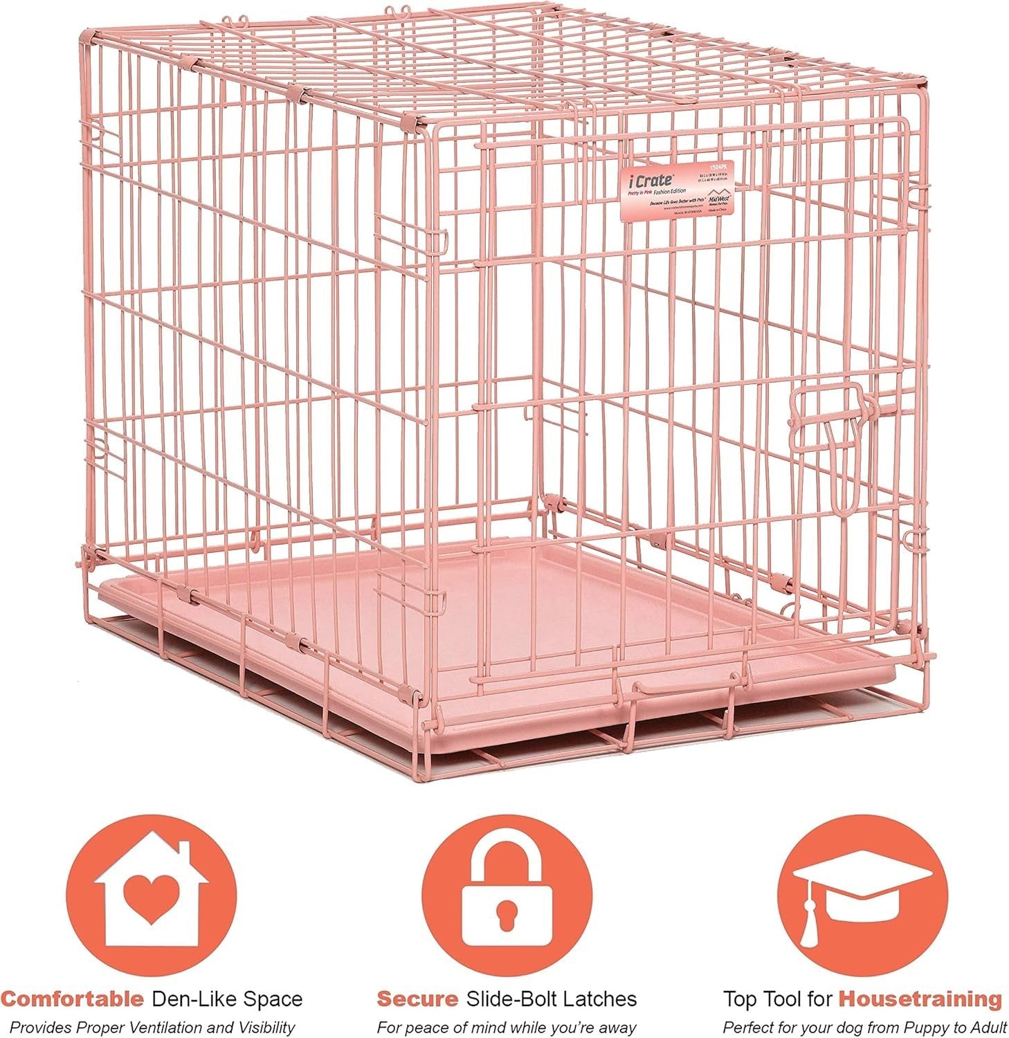 Pink Small Single Door Dog Crate 62x44x49cm with Divider & Leak-Proof Pan