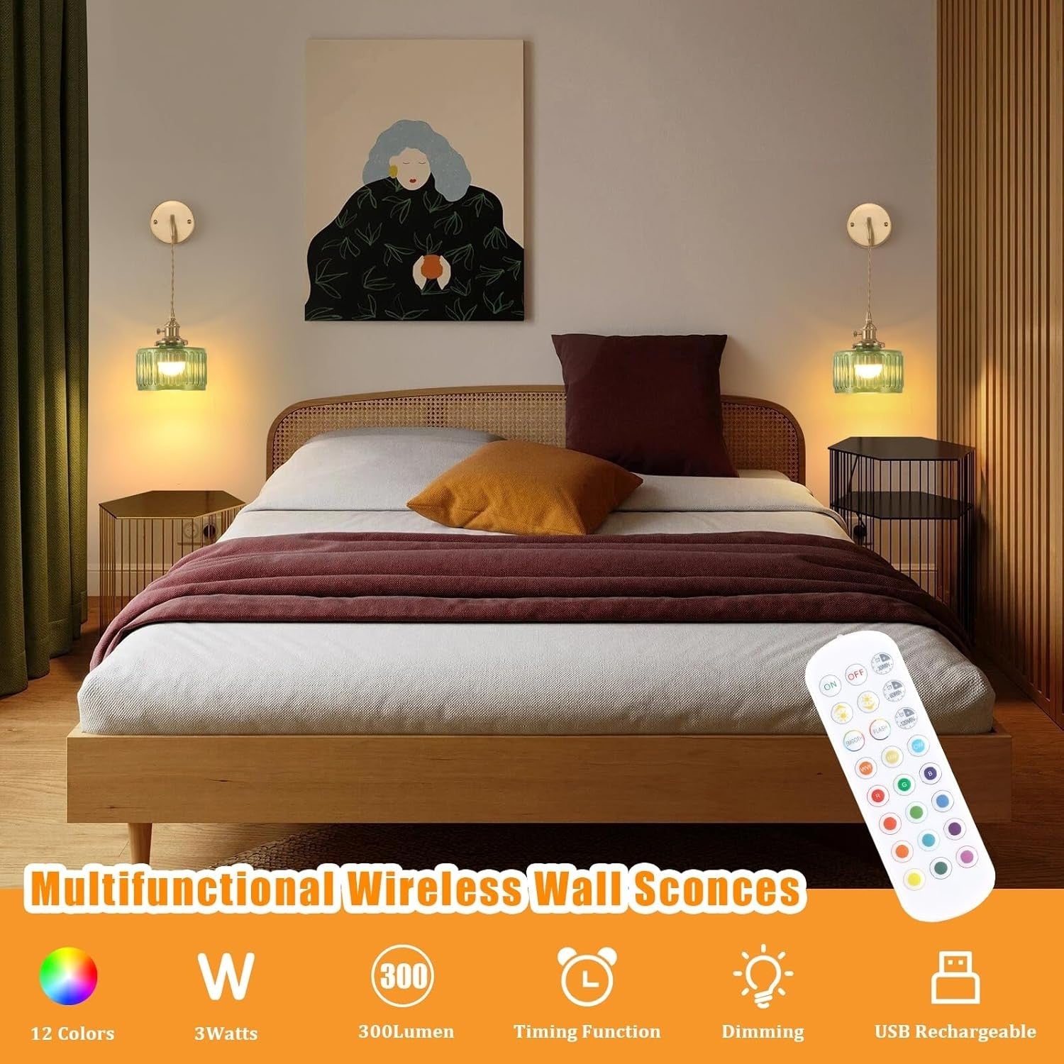 Rechargeable Wall Lights Set of 2 Indoor Sconces, Dimmable Corded Lamp