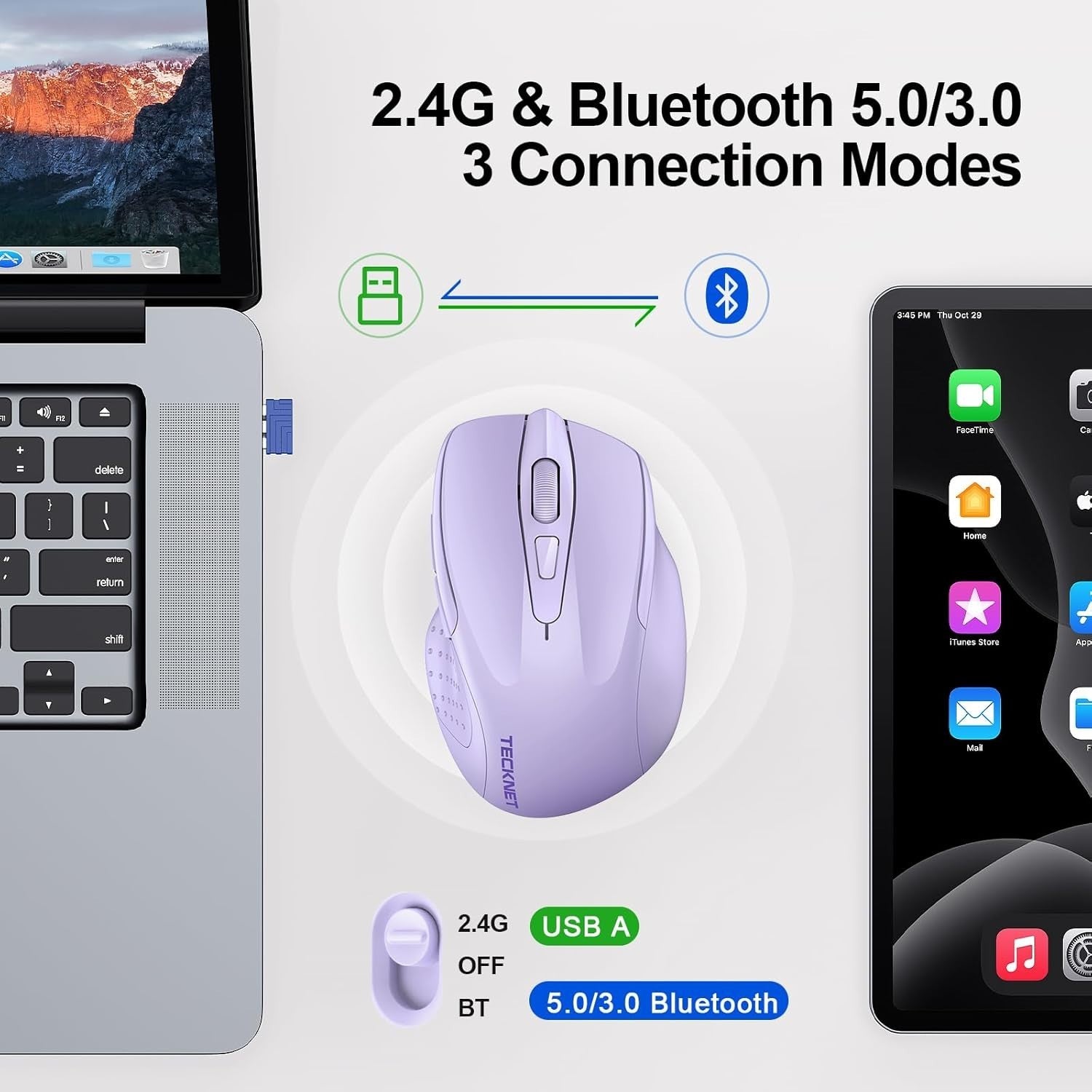 Silent Rechargeable Wireless Mouse Tri Mode Bluetooth 4800DPI Ergonomic Purple