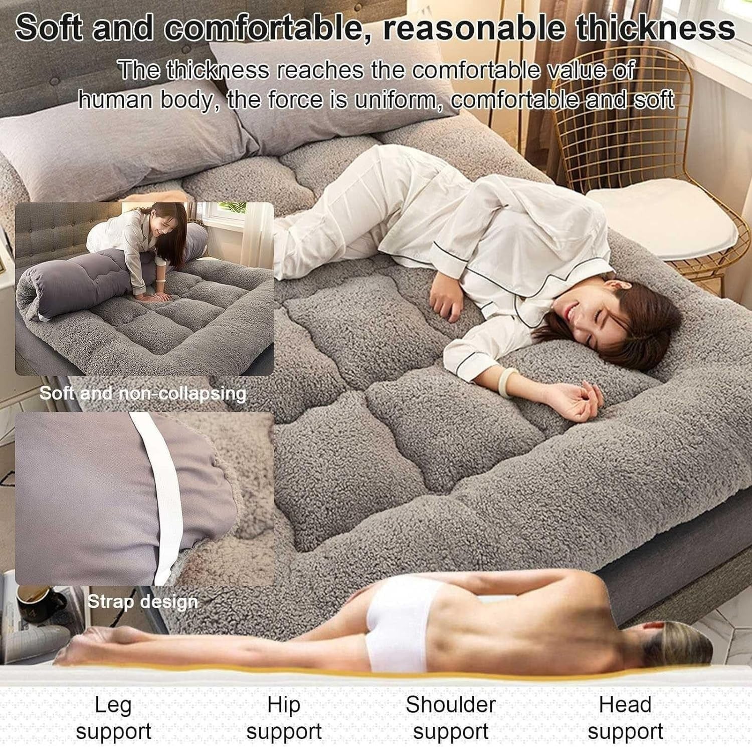 Extra Thick Shaggy Floor Mattress Foldable Bed Futon Pad Grey - Full Size